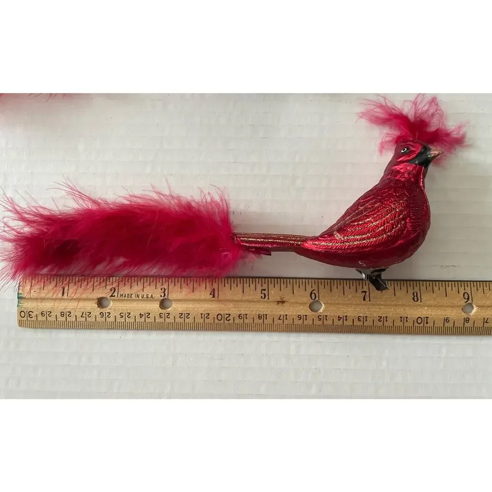 Lot of 12 Christmas Red Cardinal Feathered Clip-on Glass Ornaments Hand Painted